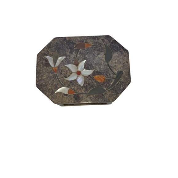 Carved Soapstone Octagone Inlaid Floral Pattern Trinket Box - Picture 3 of 8